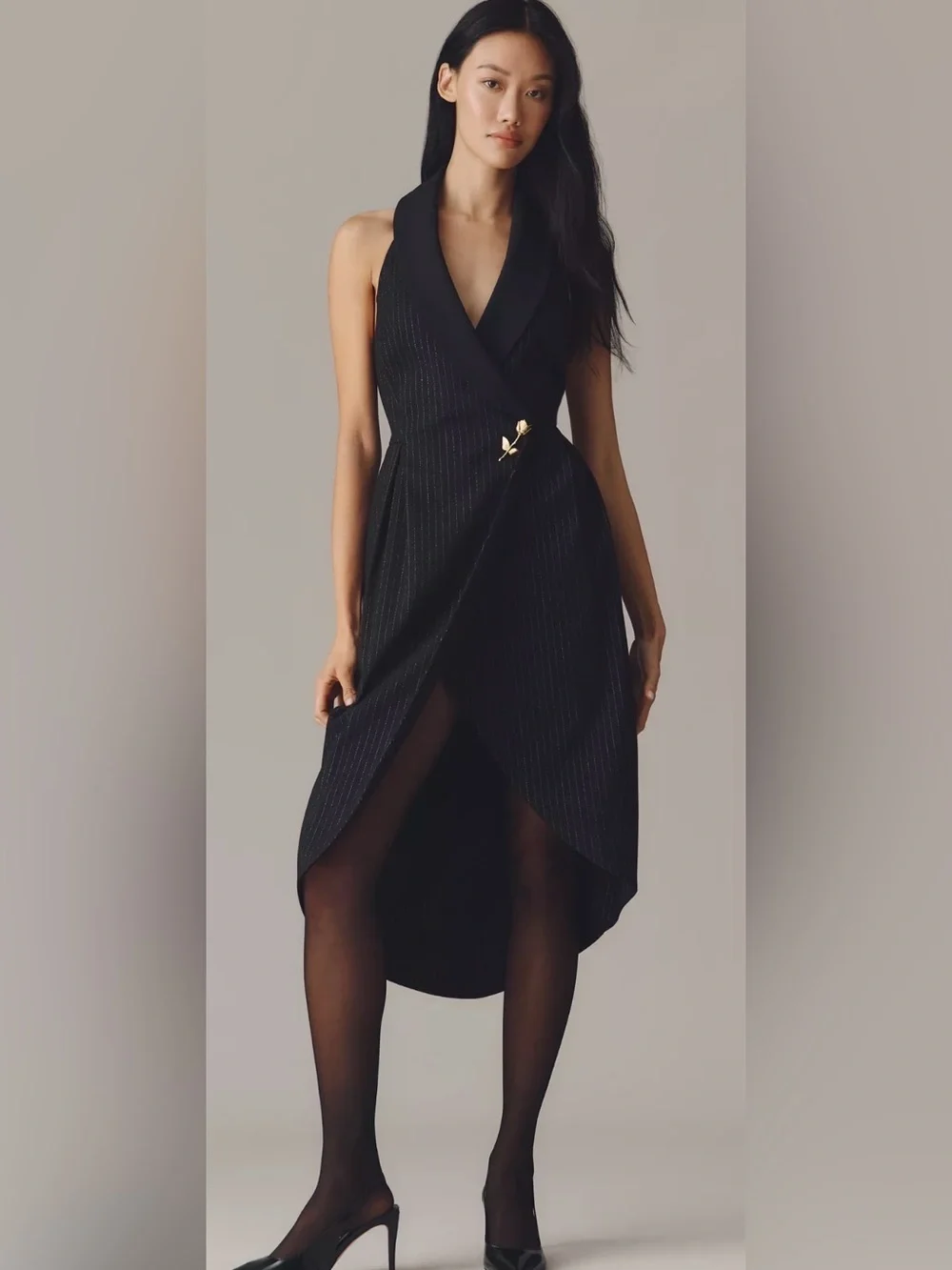 Anthropologie halter tuxedo strip midi wrap backless dress medium nwt